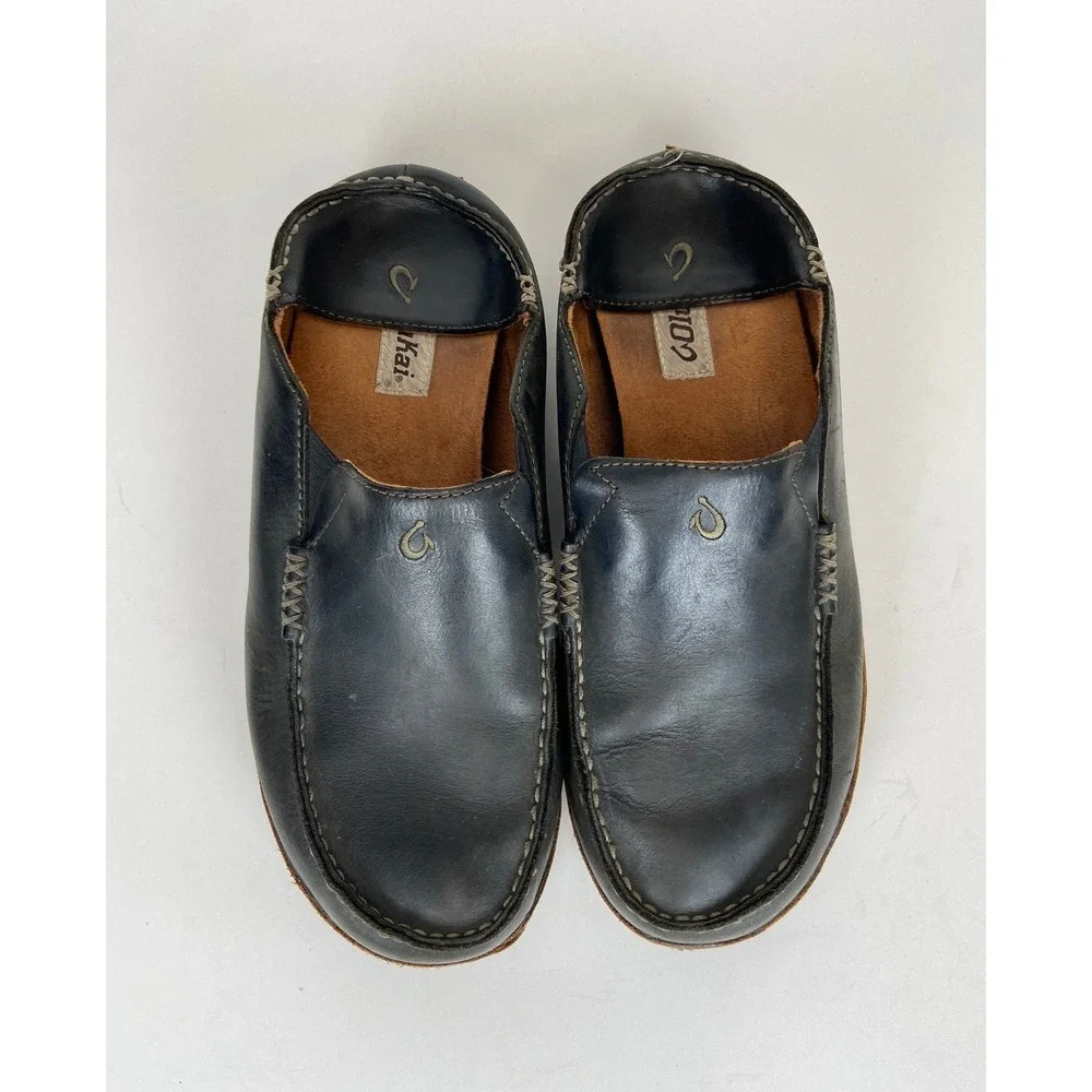 Olukai Moloa Men' Leather Drop-In Heel Loafers Slip On Shoes 10 M Black Vacation